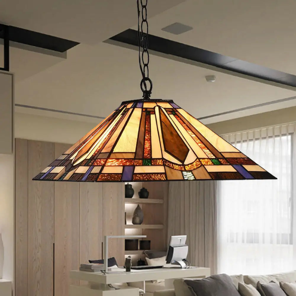 Tiffany Rhombus/Shell Ceiling Lamp - Brown Stained Art Glass Pendant Light For Dining Room / Rhombus