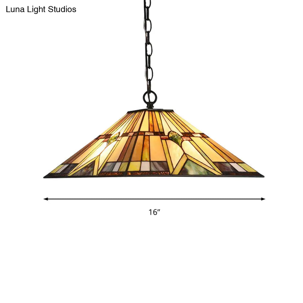 Tiffany Rhombus/Shell Ceiling Lamp - Brown Stained Art Glass Pendant Light For Dining Room