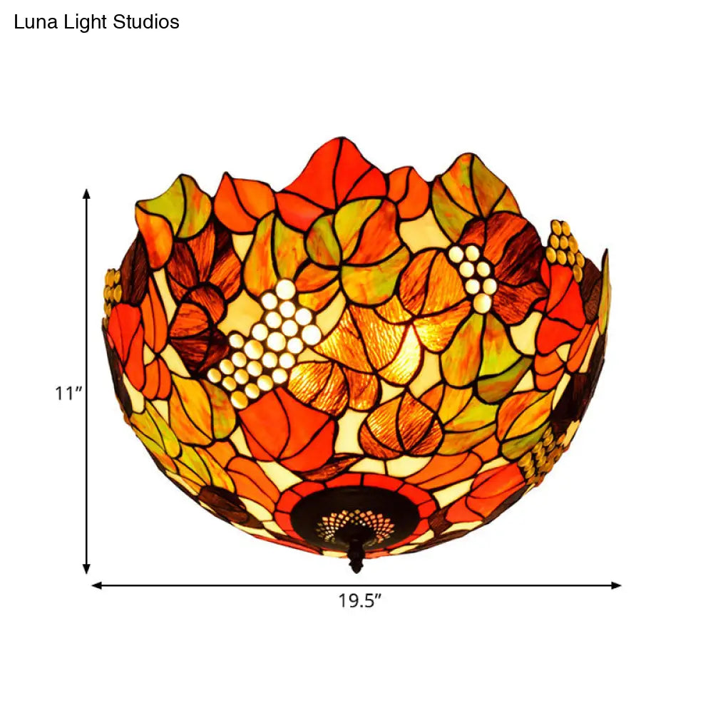 Tiffany Rose/Grape Flush Mount Lamp - Bronze Finish Stained Glass 5 Bulbs Close To Ceiling Lighting