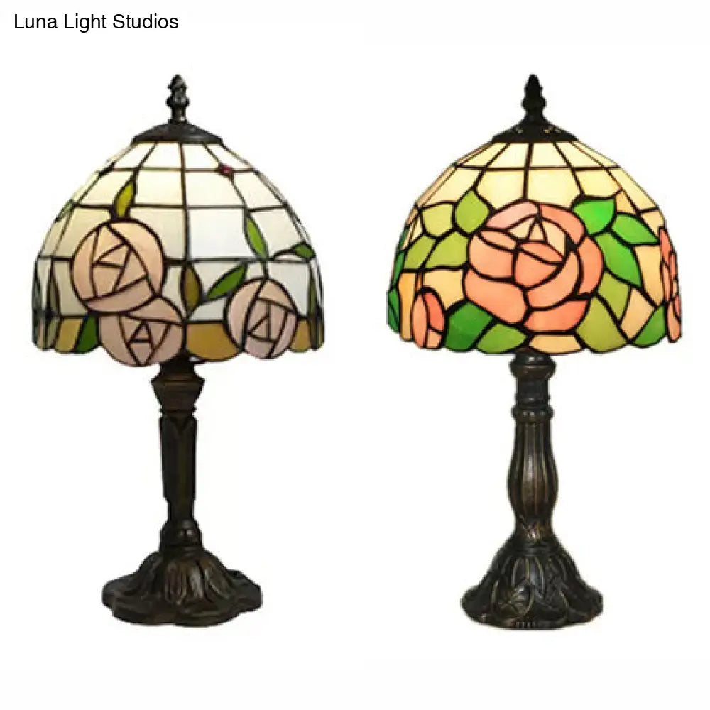 Tiffany Rose Stained Glass Table Lamp - Pink-White/Pink Decorative Standing Light For Bedroom