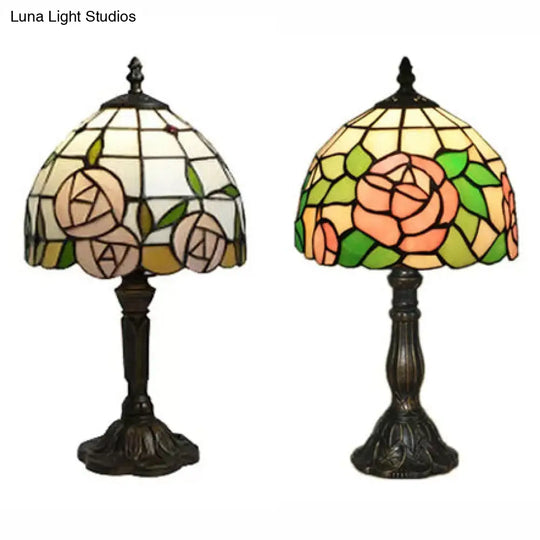 Tiffany Rose Stained Glass Table Lamp - Pink-White/Pink Decorative Standing Light For Bedroom