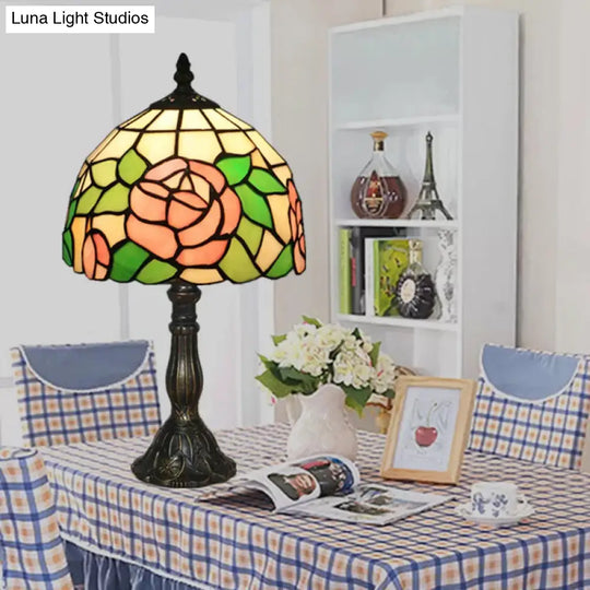 Tiffany Rose Stained Glass Table Lamp - Pink-White/Pink Decorative Standing Light For Bedroom