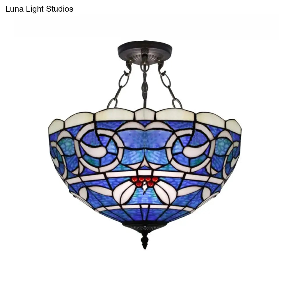 Rustic 3-Light Inverted Semi-Flush With Stained Glass Tiffany Bowl Shade