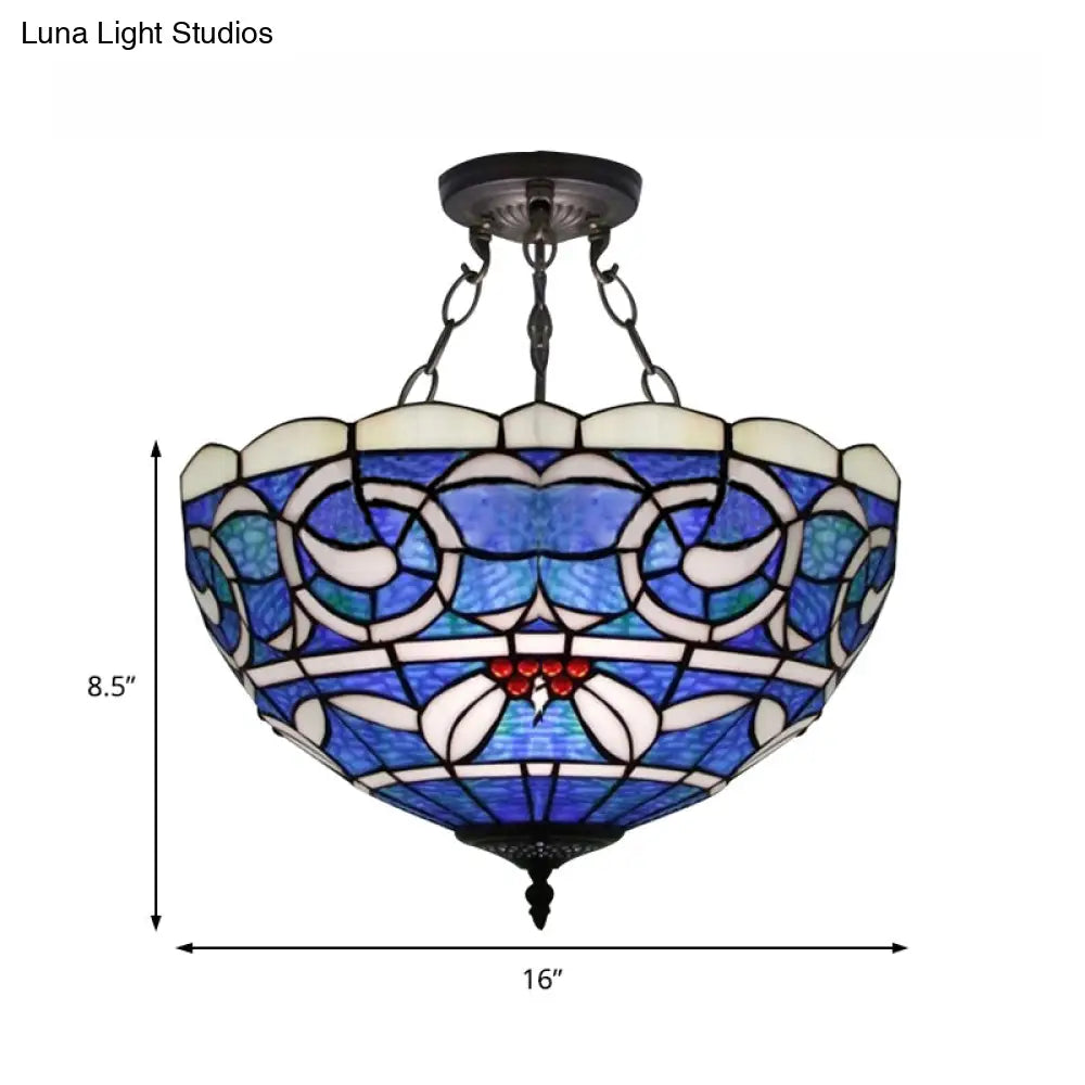 Tiffany Rustic 3-Light Inverted Semi Flushmount Ceiling Light With Stained Glass Bowl Shade