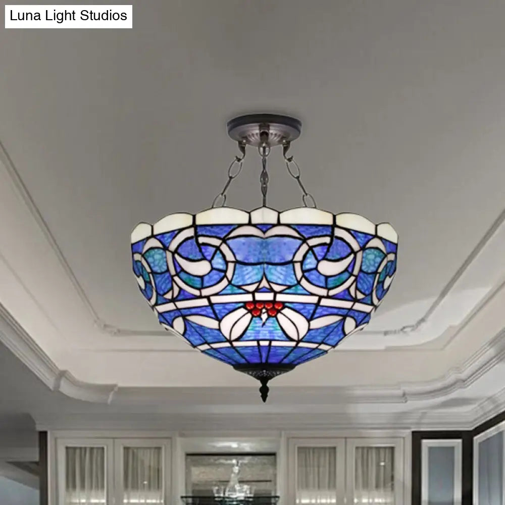 Tiffany Rustic 3-Light Inverted Semi Flushmount Ceiling Light With Stained Glass Bowl Shade