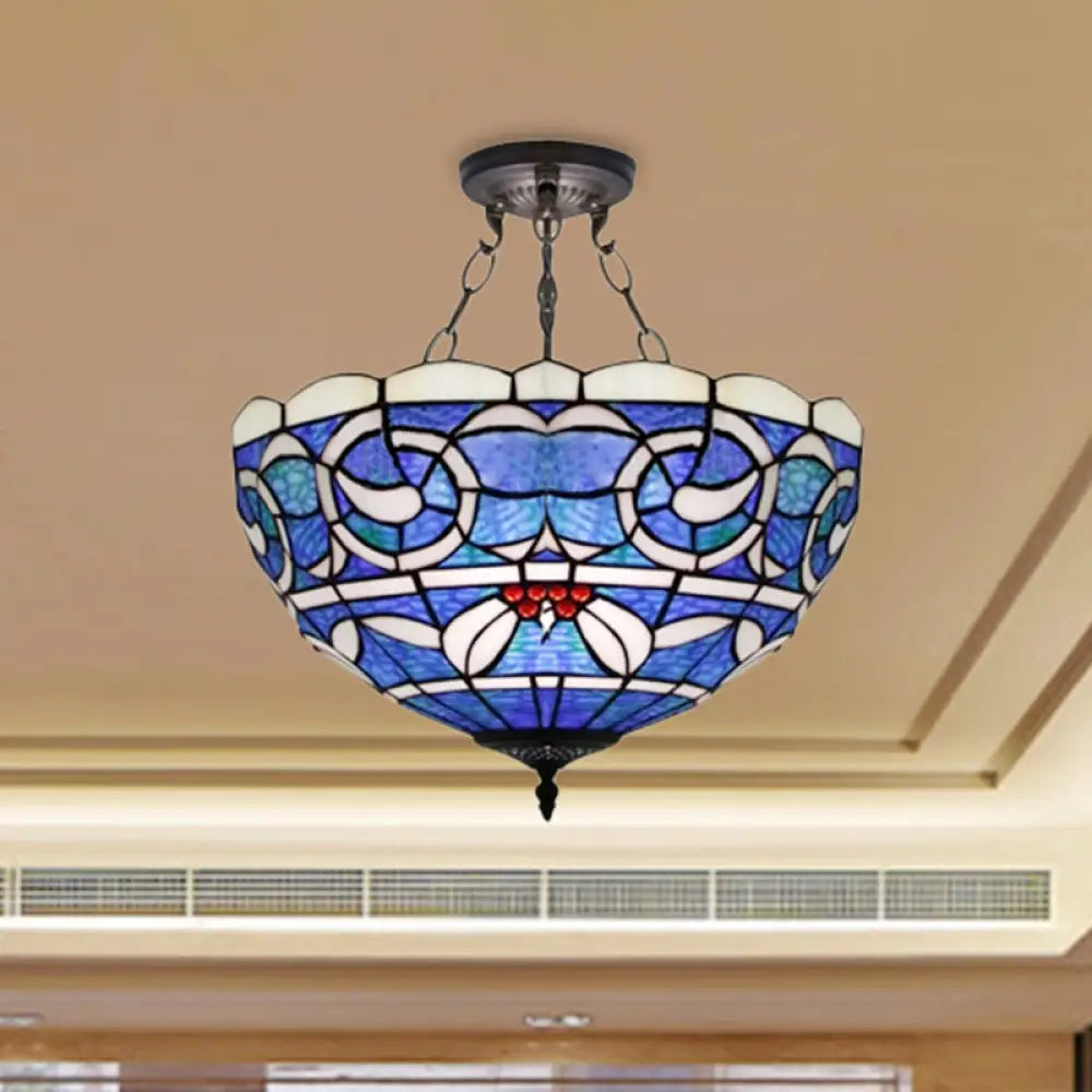 Tiffany Rustic 3-Light Inverted Semi Flushmount Ceiling Light With Stained Glass Bowl Shade Blue