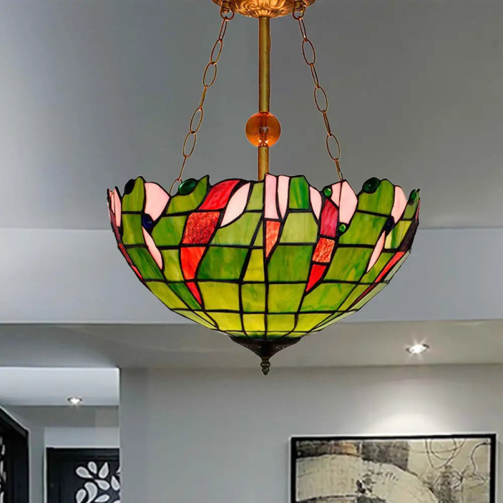 Tiffany Rustic Art Glass Semi Flush Mount Light - Lattice Bowl Inverted Ceiling In Green Ideal For