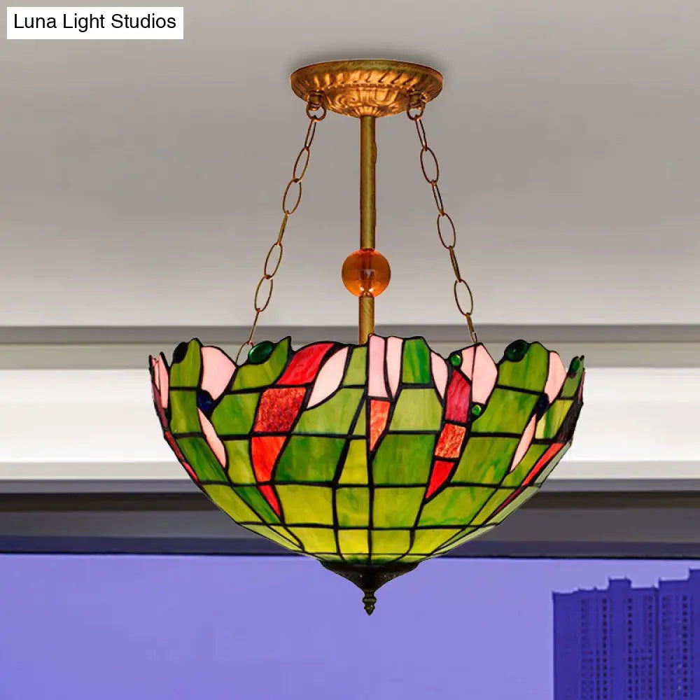 Tiffany Rustic Art Glass Semi Flush Mount Light - Lattice Bowl Inverted Ceiling In Green Ideal For