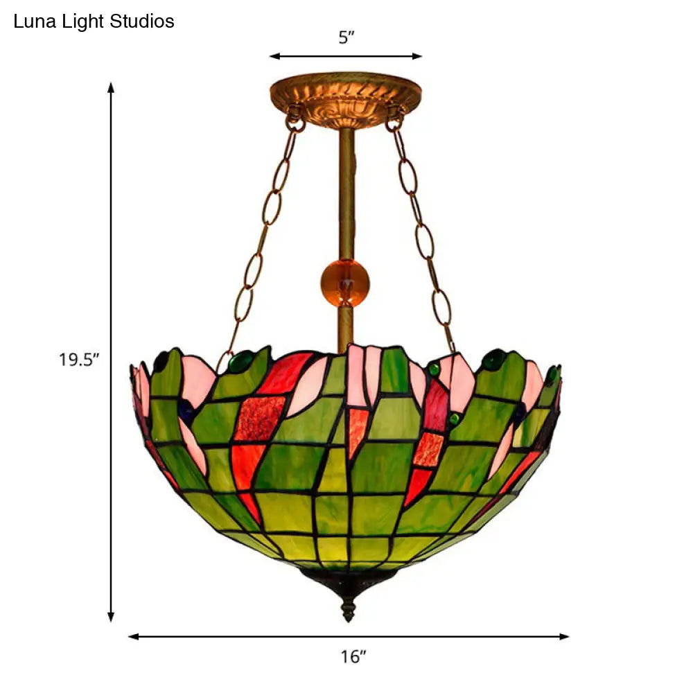 Tiffany Rustic Art Glass Semi Flush Mount Light - Lattice Bowl Inverted Ceiling In Green Ideal For