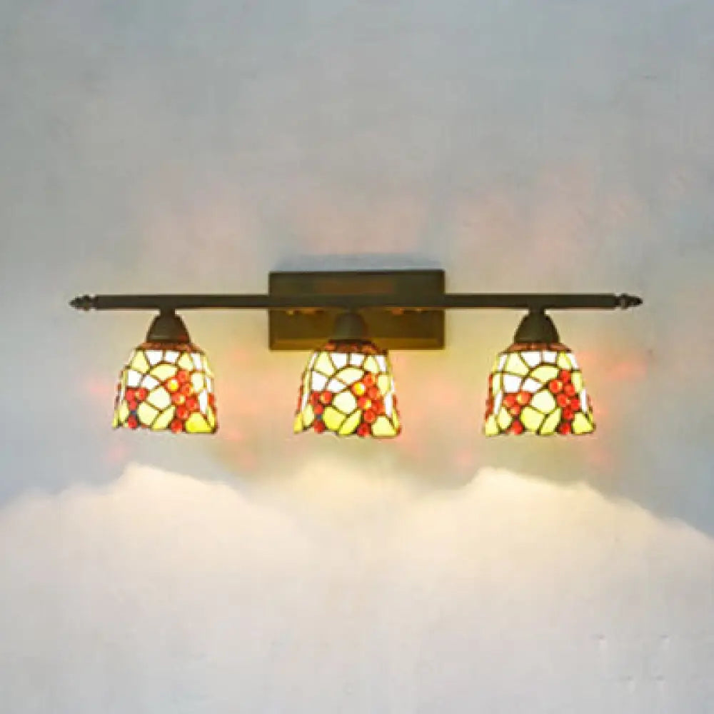 Tiffany Rustic Bell Wall Sconce Lamp: Stained Glass Bathroom Lighting With 3 Pink/Red/Orange/Purple