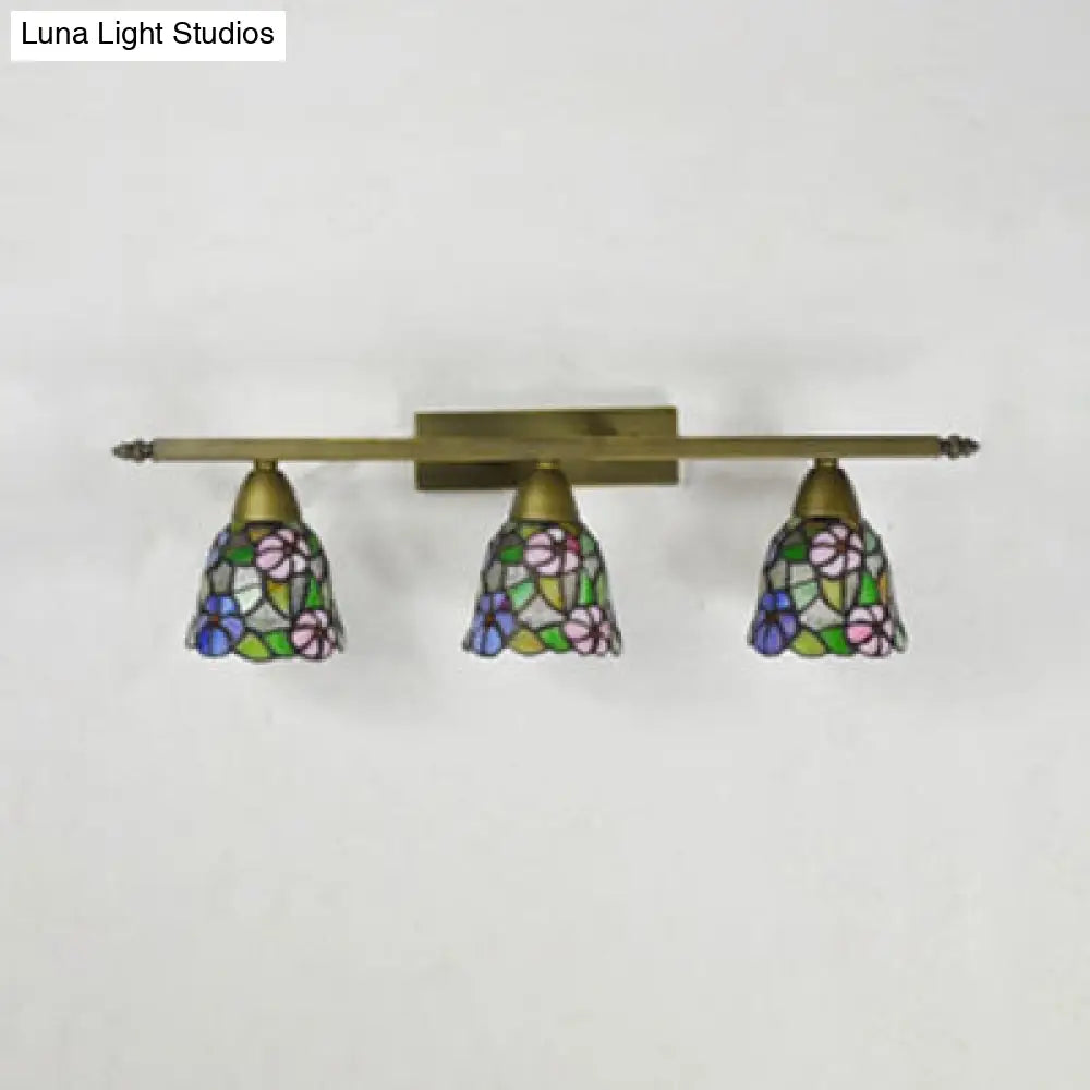 Tiffany Rustic Bell Wall Sconce Lamp: Stained Glass Bathroom Lighting With 3 Pink/Red/Orange/Purple