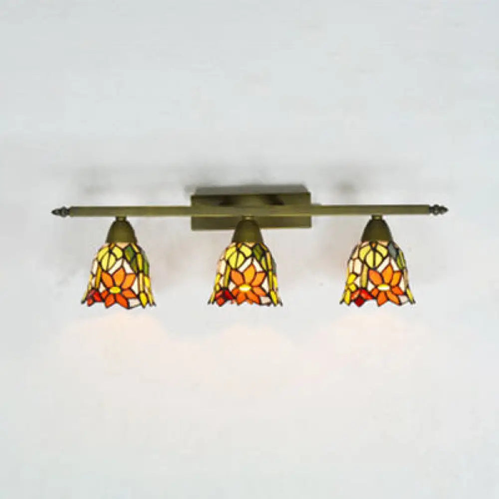 Tiffany Rustic Bell Wall Sconce Lamp: Stained Glass Bathroom Lighting With 3 Pink/Red/Orange/Purple