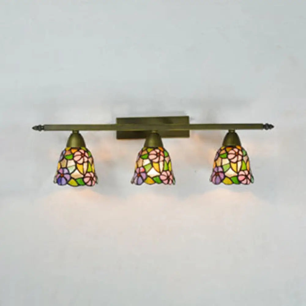 Tiffany Rustic Bell Wall Sconce Lamp: Stained Glass Bathroom Lighting With 3 Pink/Red/Orange/Purple