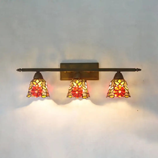 Tiffany Rustic Bell Wall Sconce Lamp: Stained Glass Bathroom Lighting With 3 Pink/Red/Orange/Purple