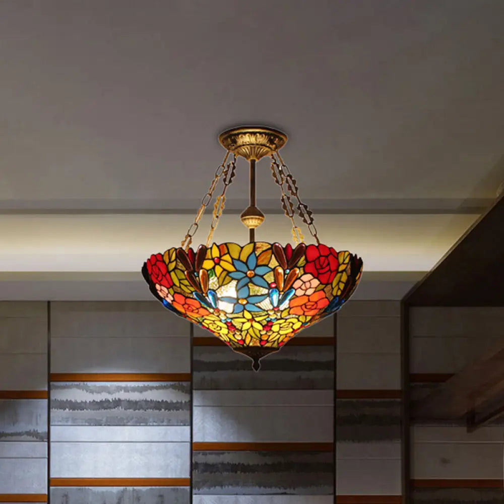 Tiffany Rustic Dragonfly Semi Flush Mount Ceiling Lamp In Antique Brass - Hotel-Grade Stained Glass