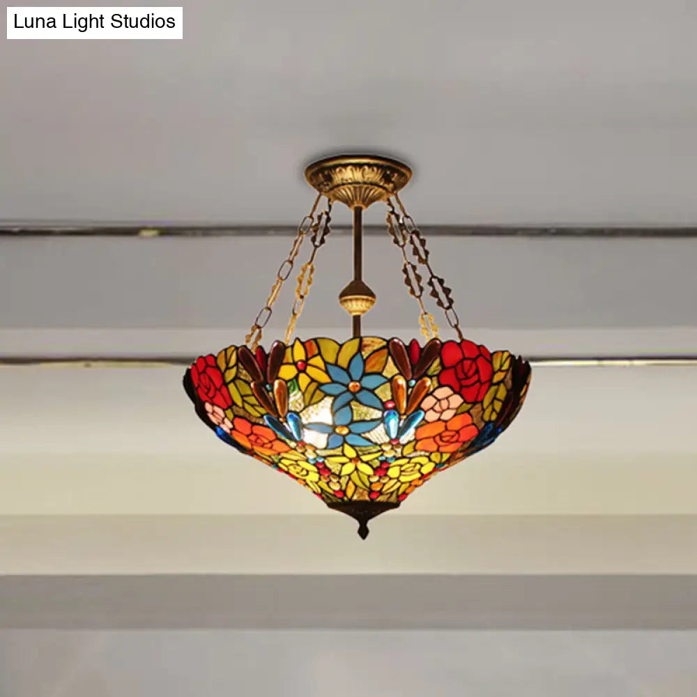 Tiffany Rustic Dragonfly Semi Flush Mount Ceiling Lamp In Antique Brass - Hotel-Grade Stained Glass