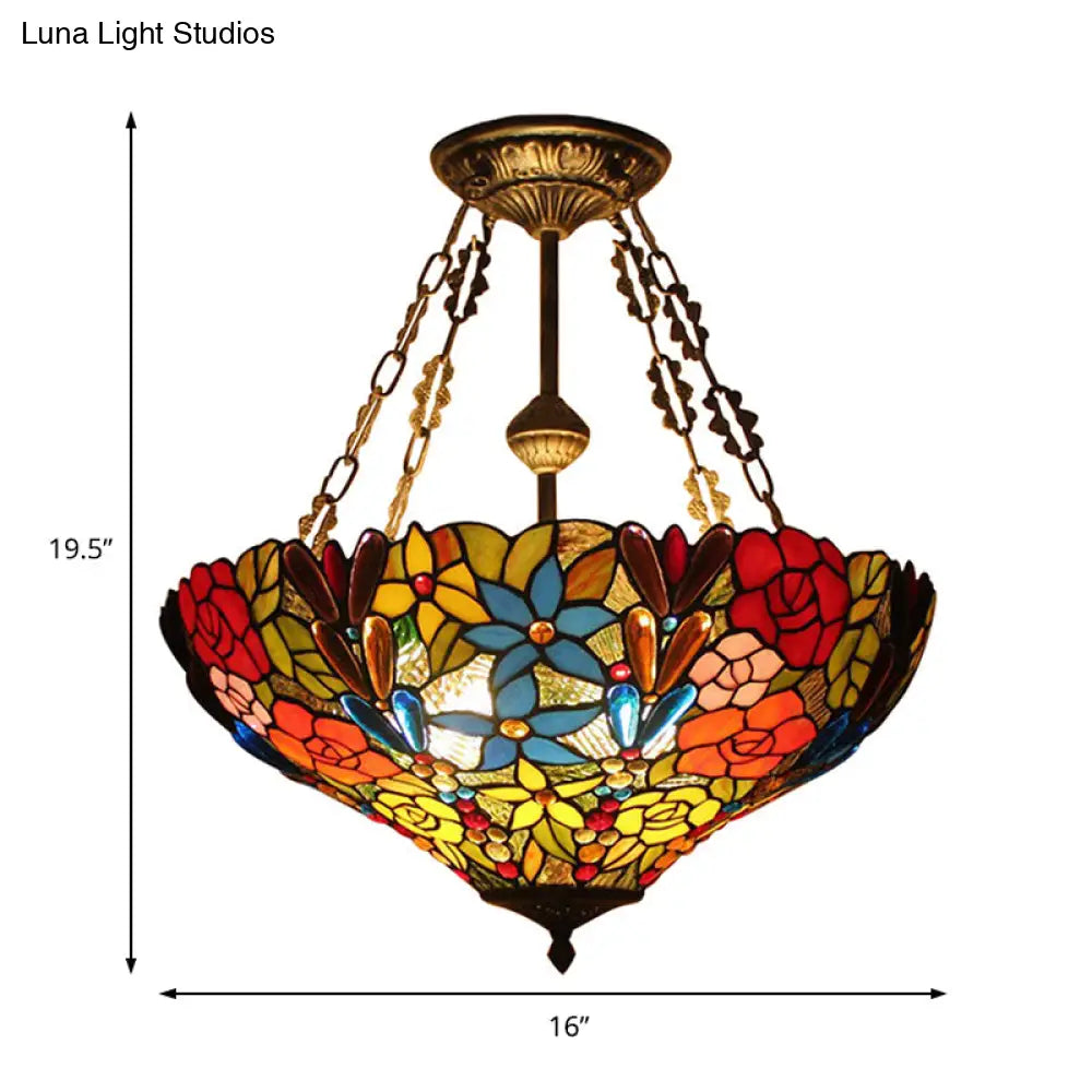 Tiffany Rustic Dragonfly Semi Flush Mount Ceiling Lamp In Antique Brass - Hotel-Grade Stained Glass