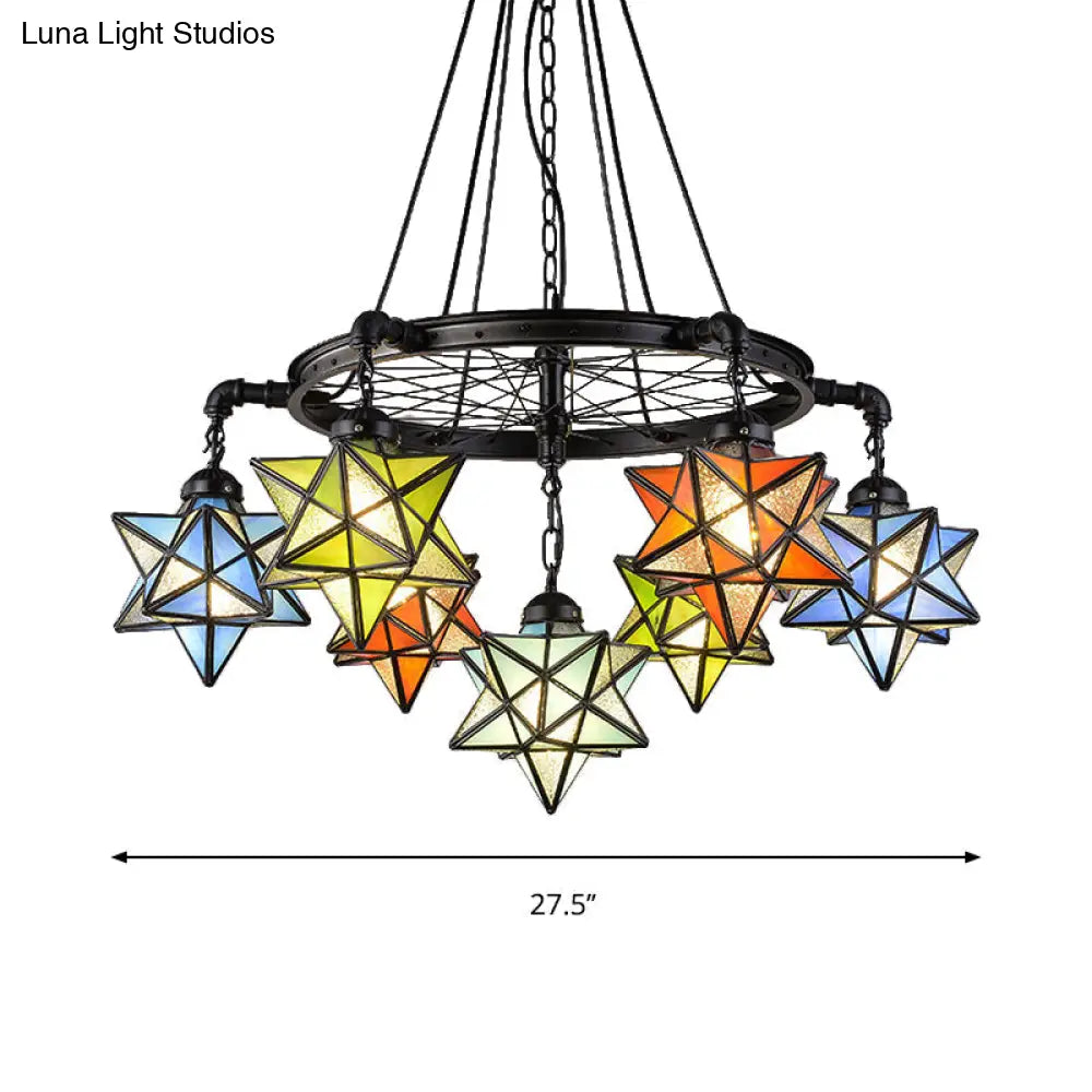 Tiffany Rustic Star Chandelier - Black Wheel 7-Light Stained Glass Drop Ceiling Light For Library