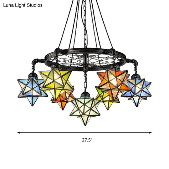 Rustic Star Chandelier With Black Wheel - Tiffany Style 7-Light Stained Glass Drop Ceiling Light For