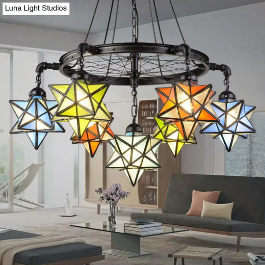 Tiffany Rustic Star Chandelier - Black Wheel 7-Light Stained Glass Drop Ceiling Light For Library