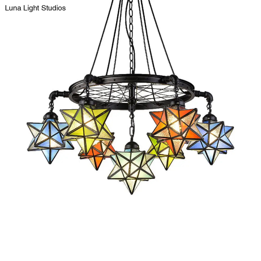 Rustic Star Chandelier With Black Wheel - Tiffany Style 7-Light Stained Glass Drop Ceiling Light For