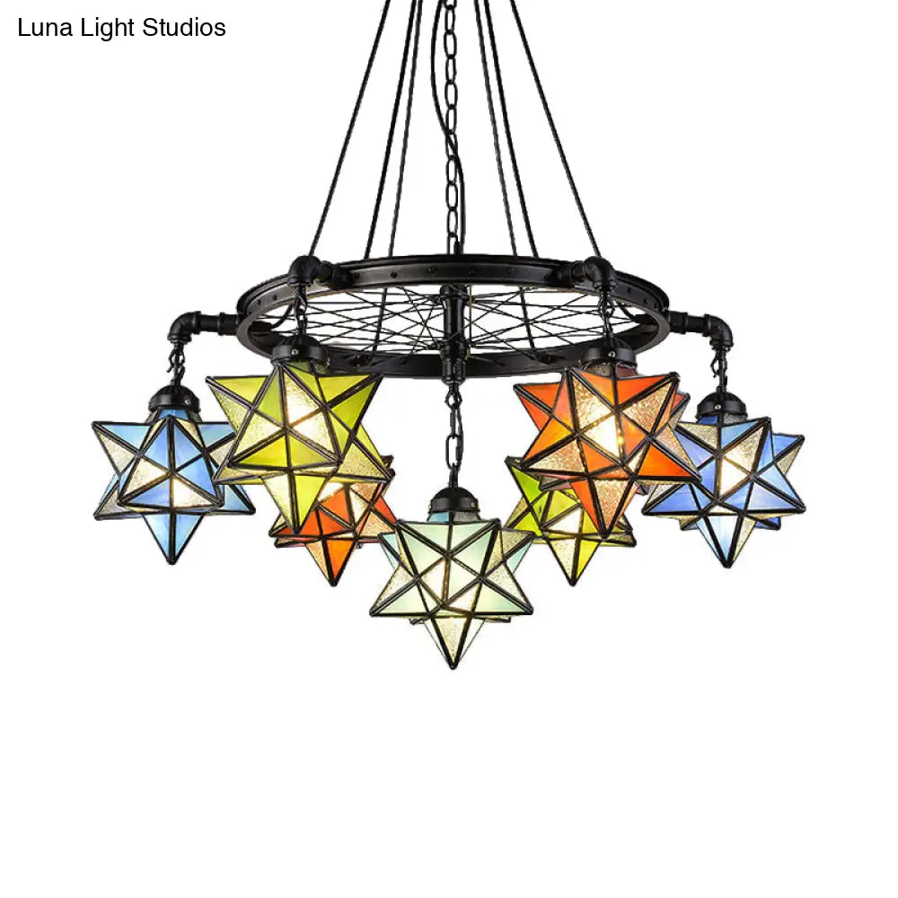 Tiffany Rustic Star Chandelier - Black Wheel 7-Light Stained Glass Drop Ceiling Light For Library