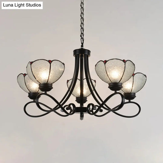 Tiffany Scalloped Chandelier Lamp - Frosted Glass Hanging Light Fixture In Black (3/6/8 Lights)