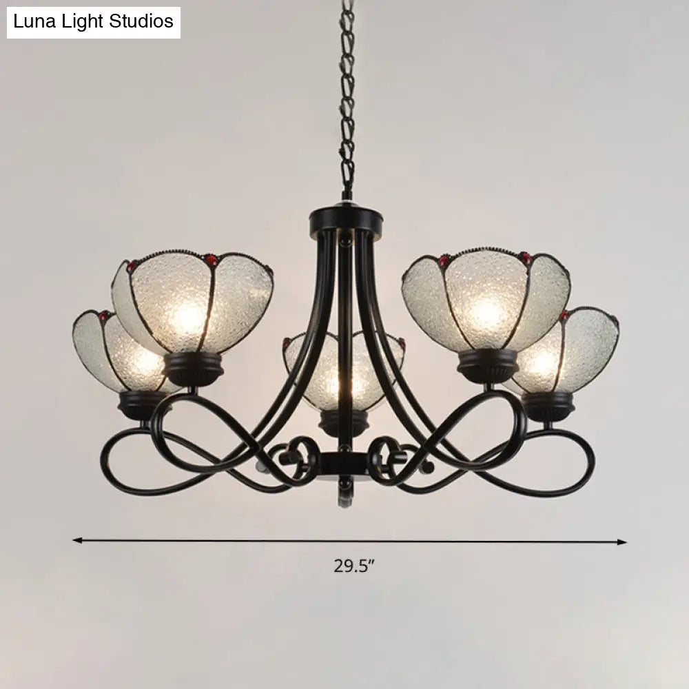 Tiffany Scalloped Chandelier Lamp - Frosted Glass Hanging Light Fixture In Black (3/6/8 Lights)