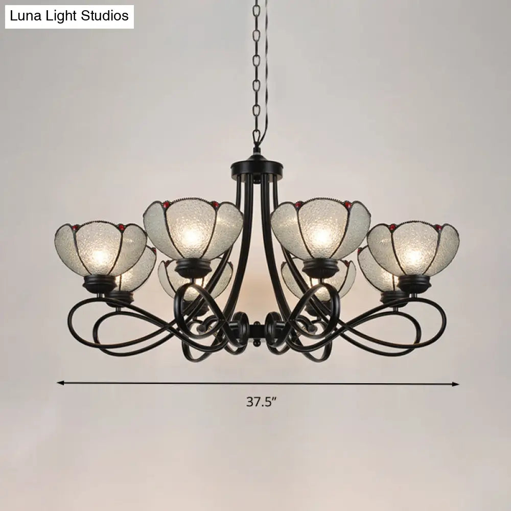 Tiffany Scalloped Chandelier Lamp - Frosted Glass Hanging Light Fixture In Black (3/6/8 Lights)