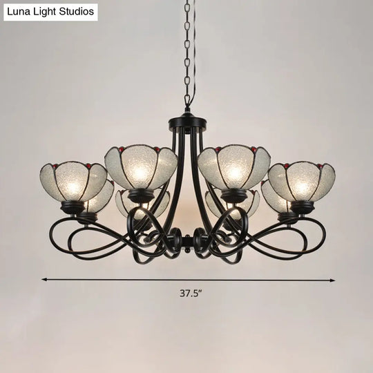 Tiffany Scalloped Chandelier Lamp - Frosted Glass Hanging Light Fixture In Black (3/6/8 Lights)