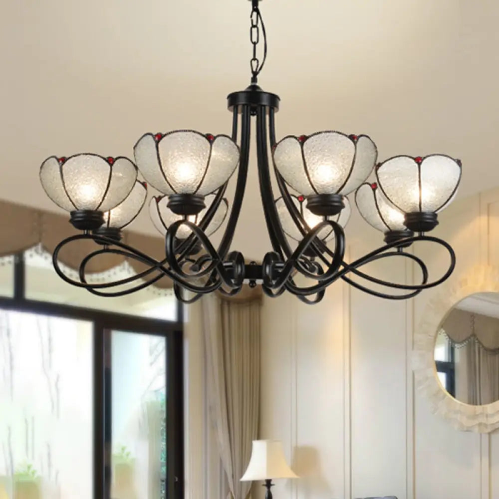 Tiffany Scalloped Chandelier: 3/6/8-Light Frosted Glass Hanging Light Fixture In Black 8 /