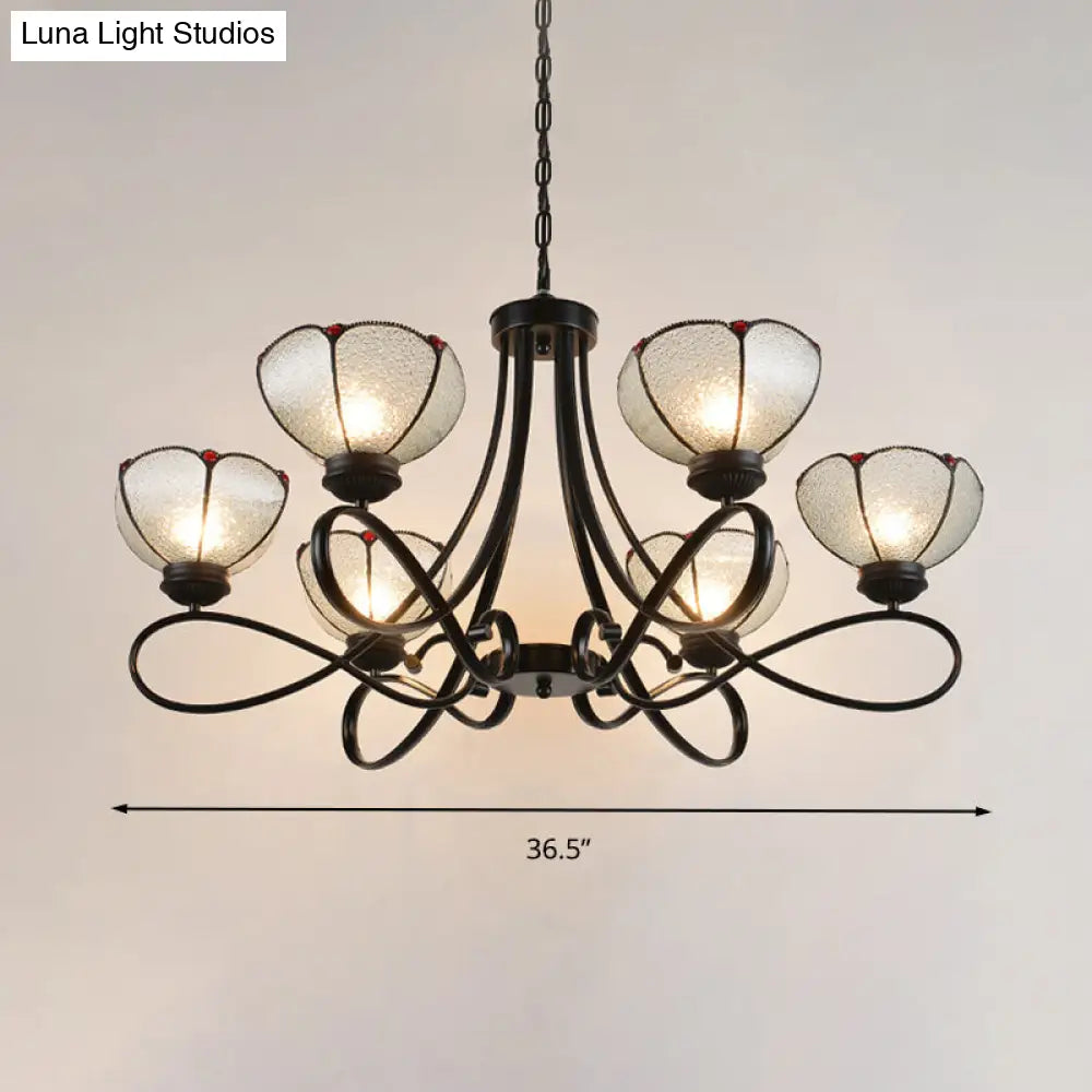 Tiffany Scalloped Chandelier Lamp - Frosted Glass Hanging Light Fixture In Black (3/6/8 Lights)