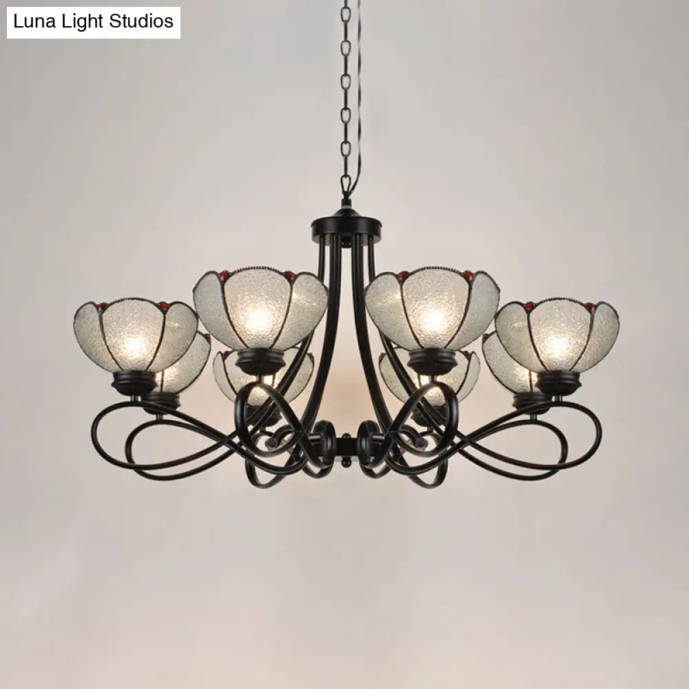 Tiffany Scalloped Chandelier Lamp - Frosted Glass Hanging Light Fixture In Black (3/6/8 Lights)