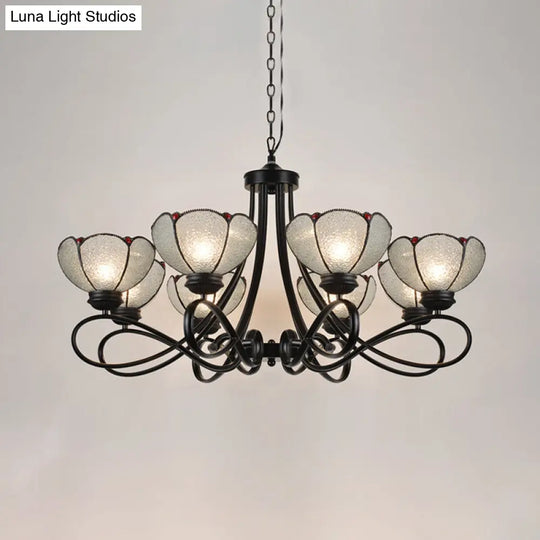 Tiffany Scalloped Chandelier Lamp - Frosted Glass Hanging Light Fixture In Black (3/6/8 Lights)