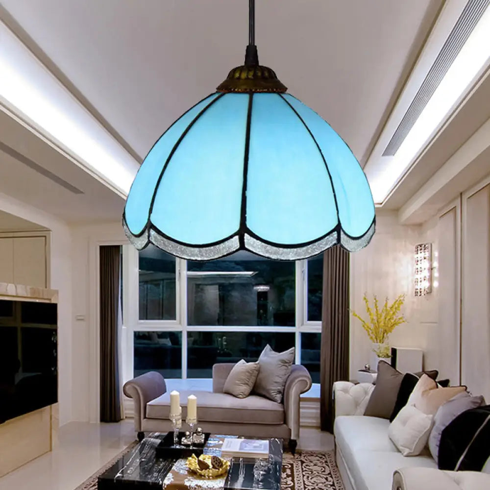 Tiffany Scalloped Down Mini Pendant Ceiling Lamp - Light Blue Glass Suspension For Living Room
