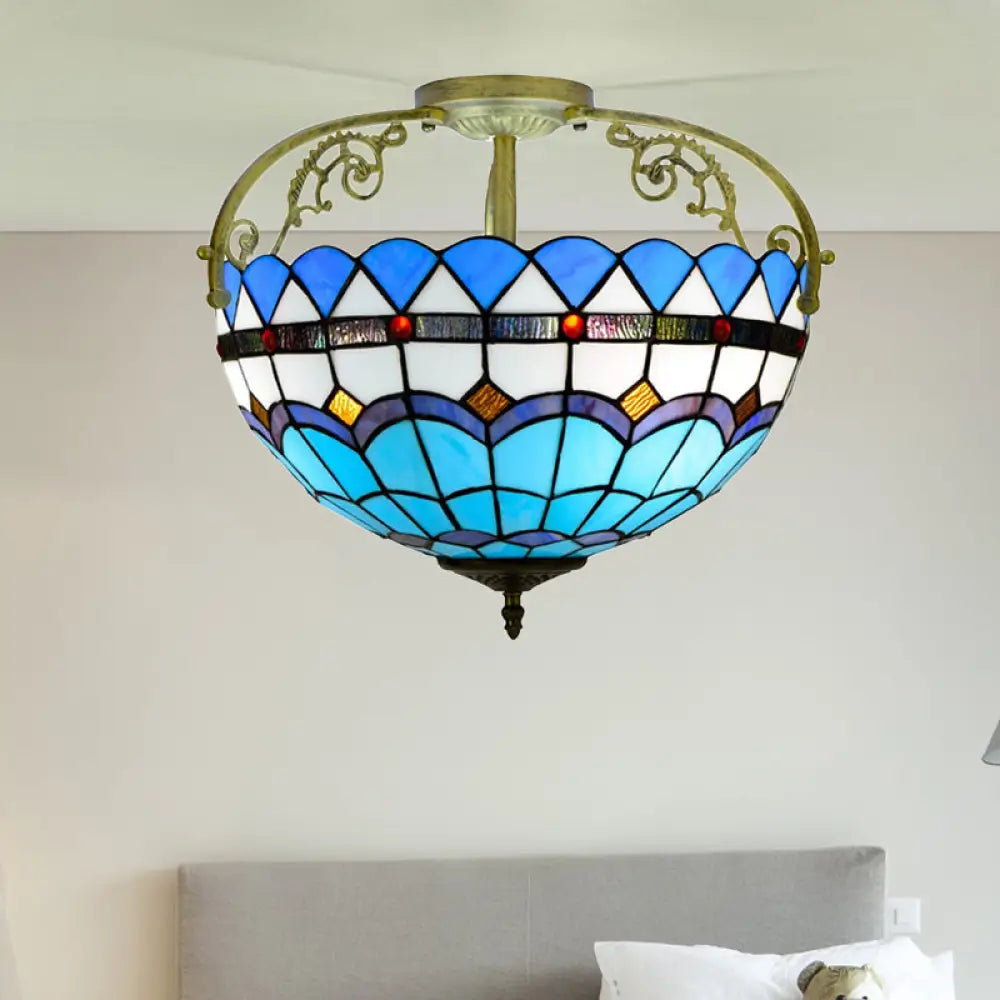 Tiffany Semi - Flush Kitchen Ceiling Light - 3 - Light Fixture With Stained Glass Bowl Shade