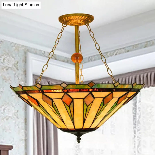 Tiffany Stained Glass Cone Ceiling Light For Living Room - 3-Lights Semi Flush Mount With Chain