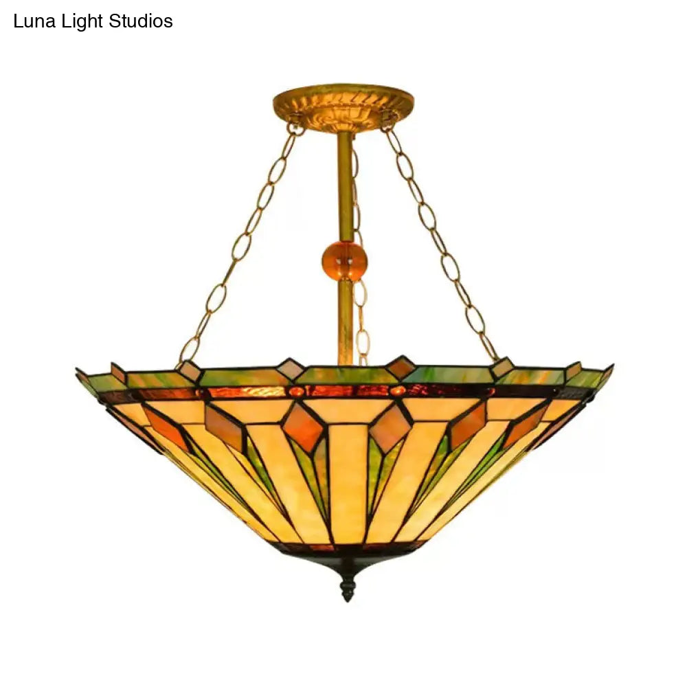 Tiffany Stained Glass Cone Ceiling Light For Living Room - 3-Lights Semi Flush Mount With Chain