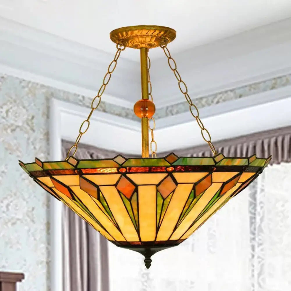 Tiffany Semi Flush Mount Ceiling Light With Stained Glass Shade - 3 Lights For Living Room (23.5’