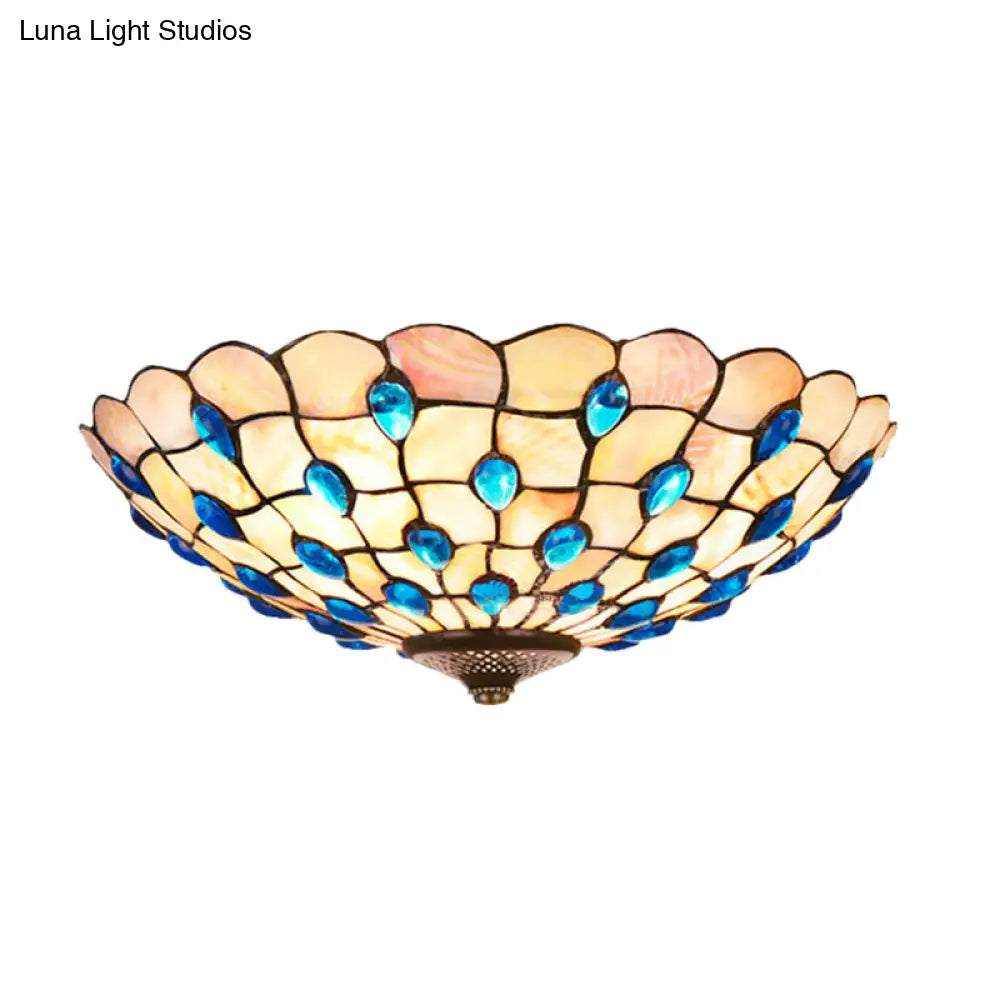 Tiffany Shell Blue Flush Ceiling Light Jeweled Bowl 3/4 Bulbs 16/21 Wide - Stylish Flushmount