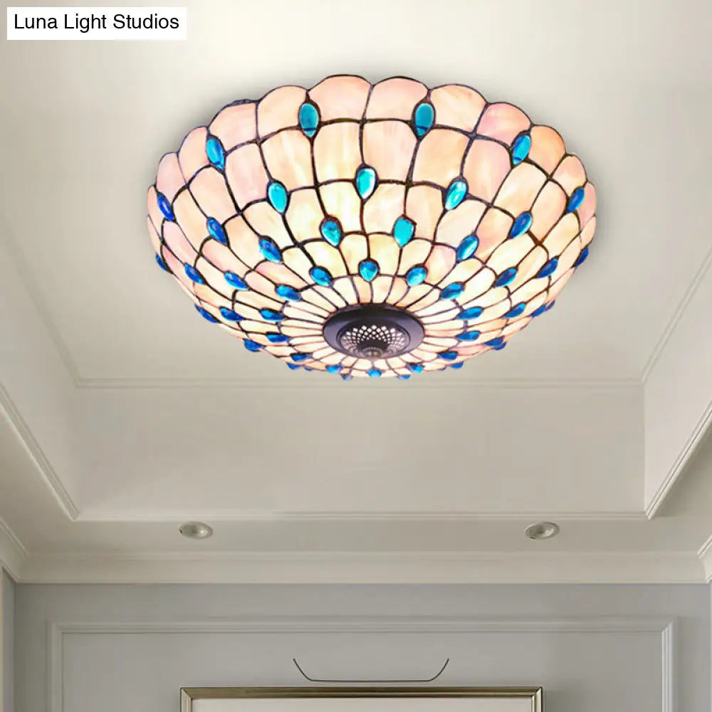 Tiffany Shell Blue Flush Ceiling Light Jeweled Bowl 3/4 Bulbs 16/21 Wide - Stylish Flushmount