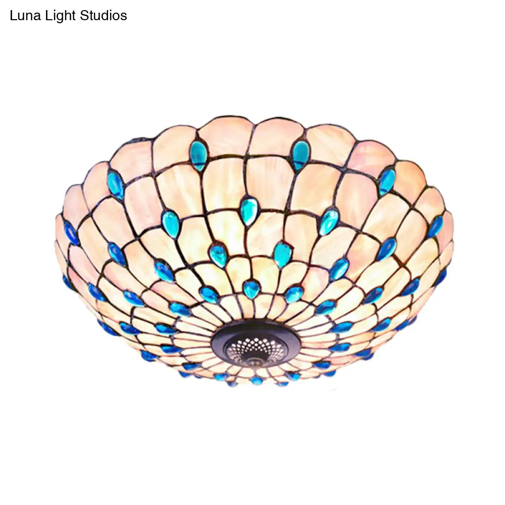 Tiffany Shell Blue Flush Ceiling Light Jeweled Bowl 3/4 Bulbs 16/21 Wide - Stylish Flushmount