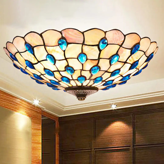 Tiffany Shell Blue Flush Ceiling Light Jeweled Bowl 3/4 Bulbs 16/21 Wide - Stylish Flushmount