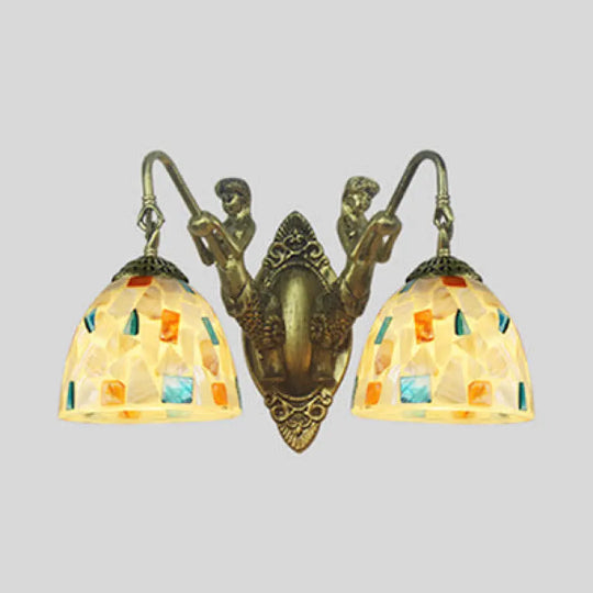 Tiffany Shell Mosaic Wall Mount Light Fixture With Mermaid Decoration - Beige/White-Yellow/Blue