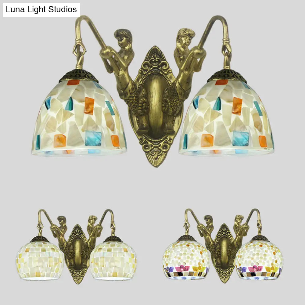 Tiffany Shell Mosaic Wall Mount Light Fixture With Mermaid Decoration - Beige/White-Yellow/Blue