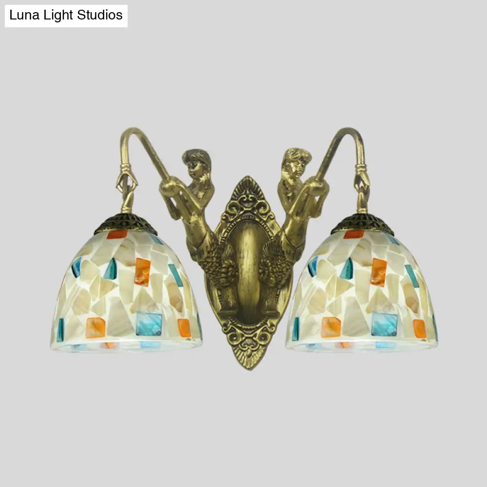 Tiffany Shell Mosaic Wall Mount Light Fixture With Mermaid Decoration - Beige/White-Yellow/Blue