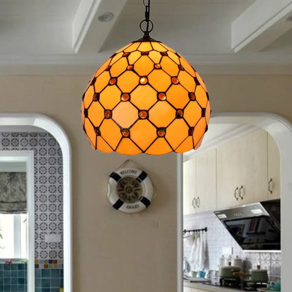 Tiffany Single Light Stained Glass Pendant Ceiling Lamp - Yellow With Jewel Accent For Porch