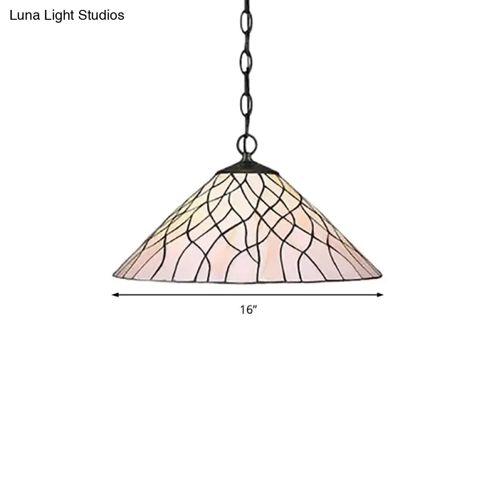 Tiffany Stained Art Glass Hanging Pendant Light - White Tapered Design 1 Bulb Perfect For Living