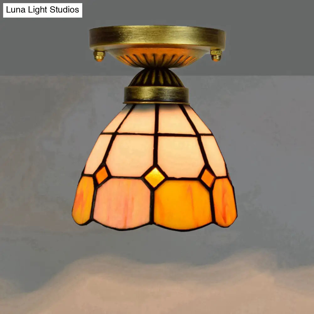 Tiffany Stained Art Glass Semi Flush Mount Ceiling Light - Single-Bulb Shaded Fixture Fluorescent