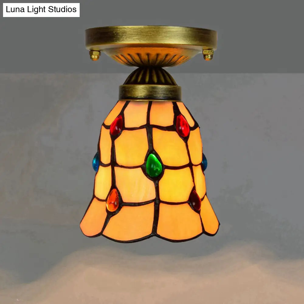 Tiffany Stained Art Glass Semi Flush Mount Ceiling Light - Single-Bulb Shaded Fixture Yellow
